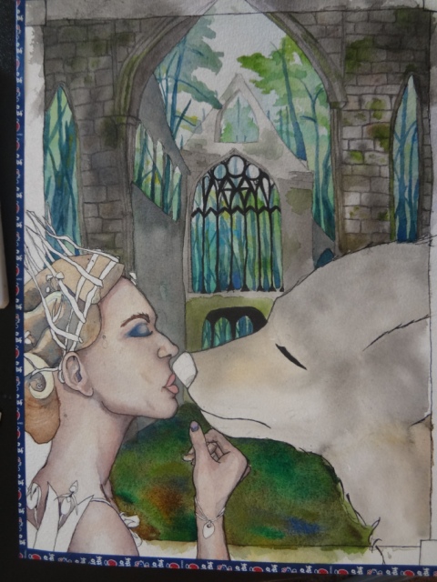 An unfinished watercolor painting of white woman wearing a twig crown and lady slippers. She has closed eyes and is kissing a wolf. They stand in front of a crumbling cathedral in the forest.